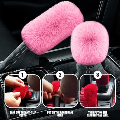 2PCS Plush Car Gear Shift Knob Cover & Handbrake Cover, Shift Knob Protector, Soft Fluffy Gear Handbrake Protective Sleeves, Shifter Lever Brake Handle Warm Plush Set for Cars (Pink) - color: Pink