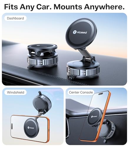 VICSEED Ultimate for Magsafe Car Mount [98+LBS Strongest Suction] 360° Vacuum Magnetic Phone Holders for Your Car Metal Arm Foldable Cellphone Mount for iPhone 17 16 15 14 13 12 Pro Max Air Android