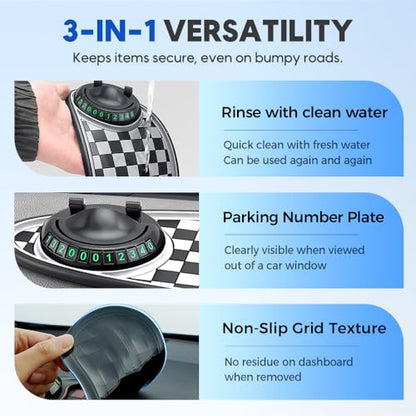 2026 New Multifunction Car Anti-Slip Pad, 360° Rotatable Phone Holder Dashboard Pad with Hidden Parking Number Plate, Car Anti Slip Pad Phone Holder for Phone Keys Sunglasses (Gray) - color: Gray