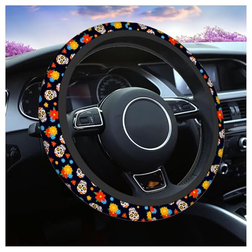 Swono Day of The Dead Sugar Skull Universal Neoprene Steering Wheel Cover Colorful Sugar Skull and Flower 15 Inch Steering Wheel Covers,Printed Steering Wheel Elastic Protection for Women and Girls - color: multi-058
