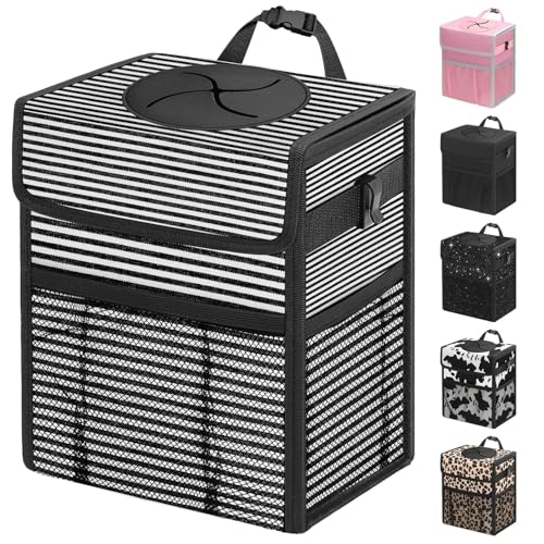 Capolo Car Trash Can with Lid, Leakproof Car Trash Bag Hanging Waterproof Automotive Garbage Can with Storage Pockets Mini Vehicle Trash Bin for Back/Front Seat(Stripe,2.5 Gallon) - color: Stripe, size: 2.5 Gallons
