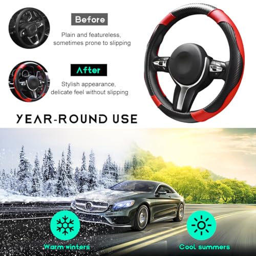 Car Steering Wheel Cover, 15 inch Carbon Fiber Microfiber Leather Elastic Steering Wheel Protector, Breathable Anti-Slip Comfortable Steering Wheel Covers for Most Cars (Black&Red) - color: Black&Red