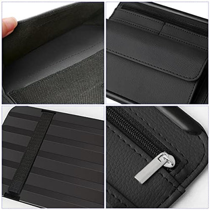 Car Sun Visor Organizer, Car Visor Pocket Wallet Pouch Holder, Vehicle Sunshade Glasses Case Storage Bag with Multi-Pocket Net Zipper, Auto Interior Accessories Universal for SUV Truck Van (Beige)