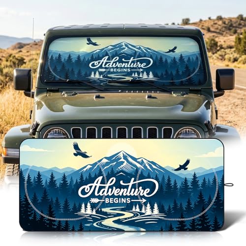 63"x28.5" Car Windshield Sun Shade with Storage Pouch, Stylish Printed Front Window Sunshade with Double Ring Frame, Universal Fit Foldable Heat Blocker & UV Protector for SUV, Sedan (Adventure-Peak) - color: Adventure-Peak