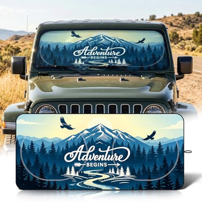 63"x28.5" Car Windshield Sun Shade with Storage Pouch, Stylish Printed Front Window Sunshade with Double Ring Frame, Universal Fit Foldable Heat Blocker & UV Protector for SUV, Sedan (Adventure-Peak) - color: Adventure-Peak