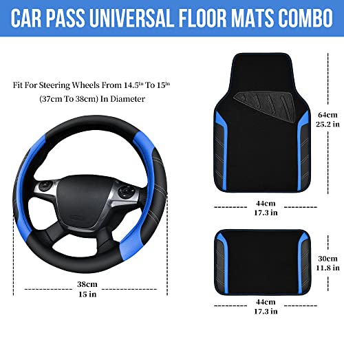 CAR PASS Air Mesh Leather Car Seat Covers Full Set, Waterproof Car Floor Mats, Sporty Steering Wheel Cover 14.5-15in, Universal Fits for 95% Cars Truck SUV (Black and Blue) - color: Blue