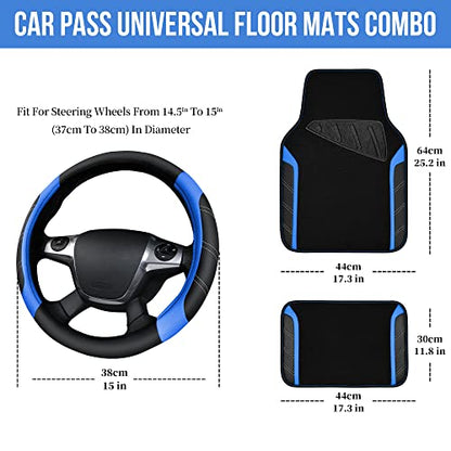 CAR PASS Air Mesh Leather Car Seat Covers Full Set, Waterproof Car Floor Mats, Sporty Steering Wheel Cover 14.5-15in, Universal Fits for 95% Cars Truck SUV (Black and Blue) - color: Blue