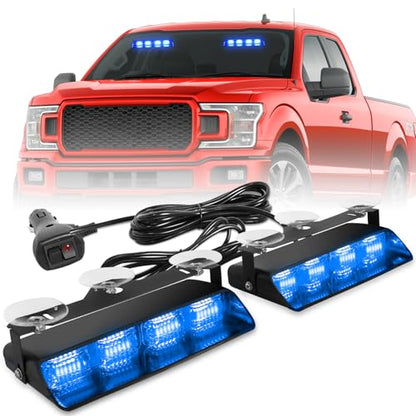 HLauto 2002L Emergency Dash Strobe Lights: Blue Safety Lights, Flashing Warning Hazard Windshield Visor Traffic Light Bars for Trucks, Construction Vehicles (2x8.5 inch, 48LED) - color: Blue