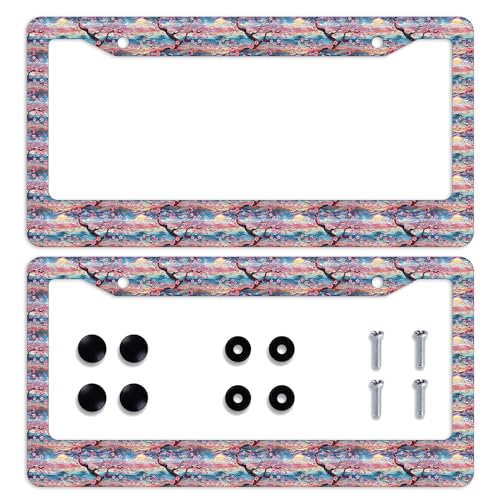 Cherry Blossom License Plate Frame Pink Flowers Stained Glass Style License Plate Personalise License Plate Frames Rust-Proof Stainless Steel Metal Car Plates Tag Funny Decor Men Women 12.2" X 6.2" - color: Cherry Blossom_23