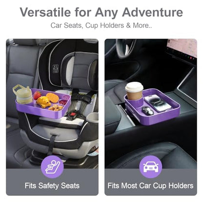 Car Seat Snack Tray for Toddlers - 3 Inch Cup Holder Fits Most Sippy Cups & Straw Bottles with Dip Well, Mess-Free Square Kids Travel Tray Road Trip Essentials, Purple - color: Purple