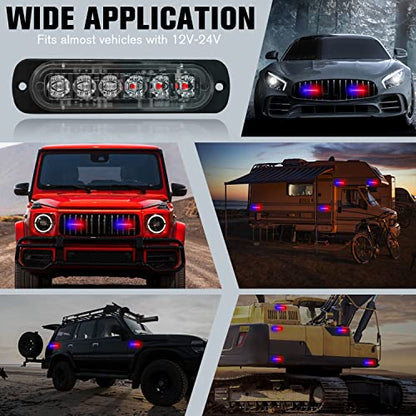 DIBMS LED Emergency Strobe Lights, 8X Red Blue 6 LED Strobe Warning Emergency Flashing Light Caution Construction Hazard Light Bar for Car Truck Van Off Road Vehicle ATV SUV Surface Mount - color: Red Blue