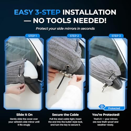 Anti-Theft Car Mirror Covers, UHMWPE-HPPE Level 5 & 304 Stainless Steel Mesh Protectors, Secure Bullet Lock & Steel Cable, Side Mirror Protection for Cars SUVs & Pickup Trucks
