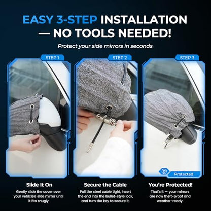 Anti-Theft Car Mirror Covers, UHMWPE-HPPE Level 5 & 304 Stainless Steel Mesh Protectors, Secure Bullet Lock & Steel Cable, Side Mirror Protection for Cars SUVs & Pickup Trucks