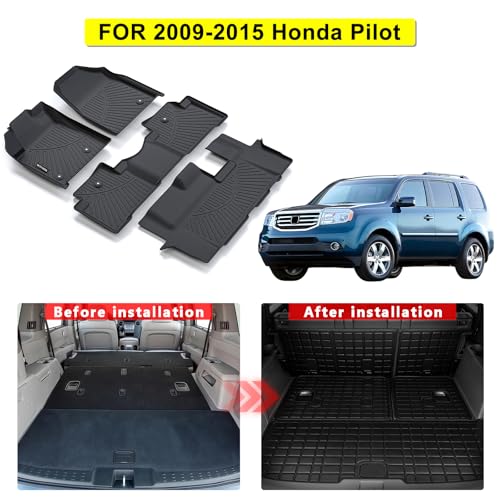 Floor Mats for Honda Pilot 2009 2010 2011 2012 2013 2014 2015 Accessories 9PCS, Cargo Mat Custom TPE All Weather Protection Full Coverage 2nd & 3rd Row Floor Liner &Trunk Liner car Accessories - size: For 2009-15 Pilot full set mat