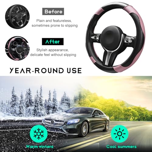 Car Steering Wheel Cover, 15 inch Carbon Fiber Microfiber Leather Elastic Steering Wheel Protector, Breathable Anti-Slip Comfortable Steering Wheel Covers for Most Cars (Black&Pink) - color: Black&Pink