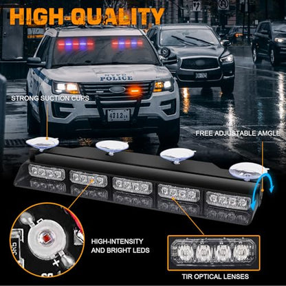XRIDONSEN 2x 17 inch Emergency Dash Police Lights 40 LED Red Blue Police Light Bar Interior Front/Rear Windshield Strobe Lights Safety Warning Hazard Caution w/Suction Cups for Vehicles Trucks Car - color: Red/Blue