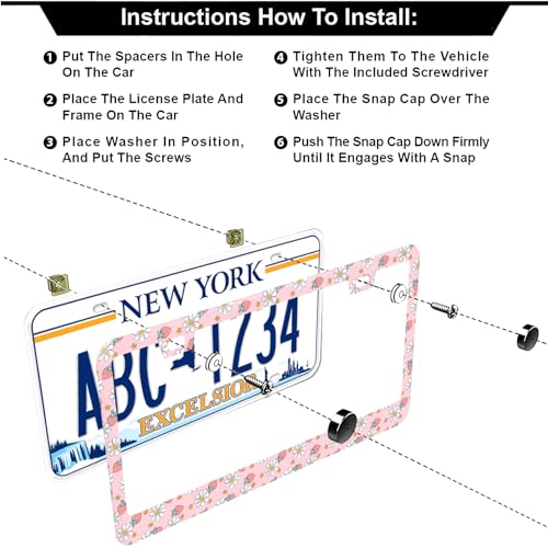 Pink Strawberry Daisy Flowers License Plate Frames, 2 Pack Strawberry Flower Car Plate Frame, Stainless Steel License Plate Holders Covers with Free Screws Fasteners Caps (Pink Strawberry Flowers) - color: Pink Strawberry Flowers