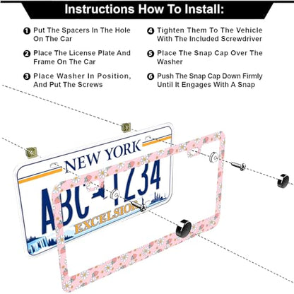 Pink Strawberry Daisy Flowers License Plate Frames, 2 Pack Strawberry Flower Car Plate Frame, Stainless Steel License Plate Holders Covers with Free Screws Fasteners Caps (Pink Strawberry Flowers) - color: Pink Strawberry Flowers