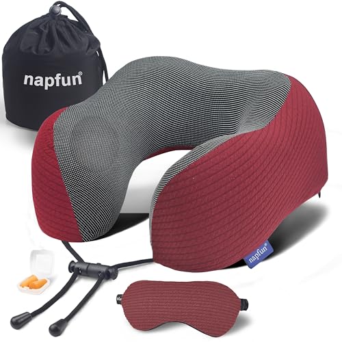 napfun Neck Pillow for Travel with Travel Pouch, Sleep Mask & Earplugs, Memory Foam Airplane Pillow for Headrest Sleep with Eyeshades, Plane Essentials with Eye Blindfold, Burgundy Striped Kit - color: Burgundy Striped Kit