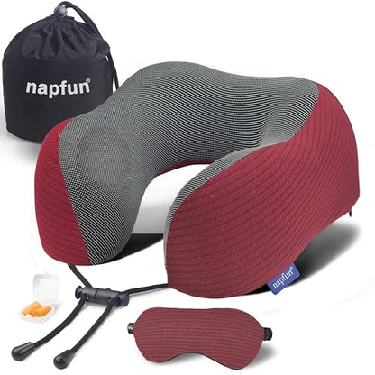 napfun Neck Pillow for Travel with Travel Pouch, Sleep Mask & Earplugs, Memory Foam Airplane Pillow for Headrest Sleep with Eyeshades, Plane Essentials with Eye Blindfold, Burgundy Striped Kit - color: Burgundy Striped Kit