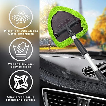 Ziciner Car Windshield Cleaner, Microfiber Auto Cleaning Wiper with Aluminum Extendable Handle and 2 Washable Reusable Cloth Pad Head, Universal Vehicle Interior Exterior Cleaner Kit (Green-Triangle) - size: Green-triangle