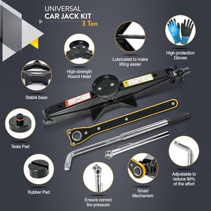 Car Jack Kit with Tesla Pad & Universal Rubber Pad 3 Ton (6,600 lbs) | Scissor Jack for Car - Tire Jack Tool Kit | Portable, Ideal for SUV and Auto - Universal Emergency Kit with Lug Wrench - size: Car Jack Kit 3 Ton + pads/gloves/tire press
