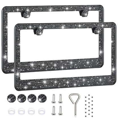 2 Pack License Plate Frames for Women, Sparkly Rhinestone Diamond Car Accessories with Glitter Crystal Caps (Black (2PCS)) - color: Black (2PCS)