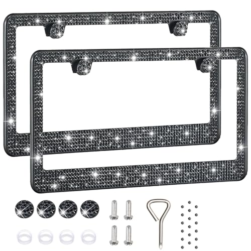 2 Pack License Plate Frames for Women, Sparkly Rhinestone Diamond Car Accessories with Glitter Crystal Caps (Black (2PCS)) - color: Black (2PCS)