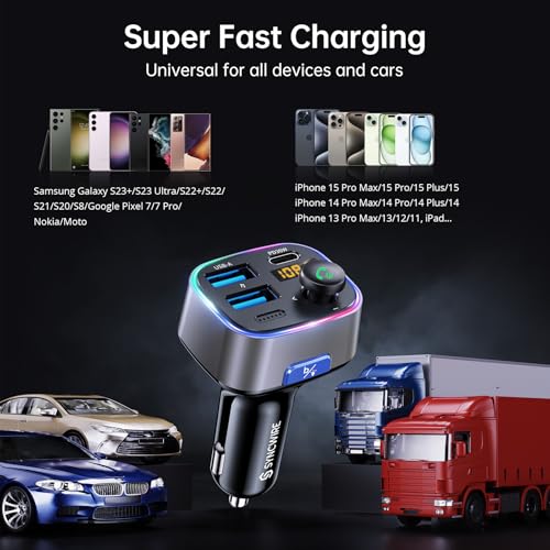 Syncwire Bluetooth 5.4 FM Transmitter Car Adapter 48W (PD 36W & 12W) [Light Switch] [Hi-Fi Deep Bass] [Fast Charge] Wireless Radio Music Adapter LED Display Hands-Free Calling Support USB Drive - color: Silver, style: 48W
