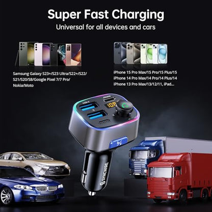 Syncwire Bluetooth 5.4 FM Transmitter Car Adapter 48W (PD 36W & 12W) [Light Switch] [Hi-Fi Deep Bass] [Fast Charge] Wireless Radio Music Adapter LED Display Hands-Free Calling Support USB Drive - color: Silver, style: 48W