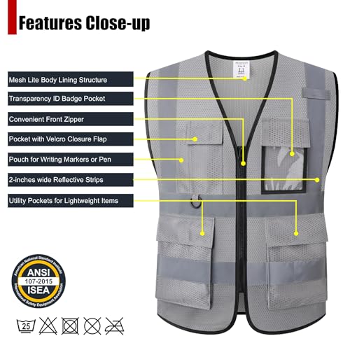 Safety Vest for Men Women Hi Vis Vest with Pockets Mesh High Visibility Vests Meets ANSI/ISEA Standards - color: 20-grey, size: Large