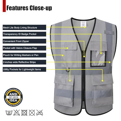 Safety Vest for Men Women Hi Vis Vest with Pockets Mesh High Visibility Vests Meets ANSI/ISEA Standards - color: 20-grey, size: X-Large