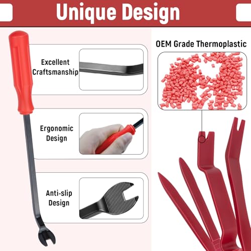 BFXM 5PCS Auto Trim Removal Tool kit, Car Clip Pry Tools Kit No Scratch Plastic, Car Door Panel Rivet Pliers Tool Kit, Automotive Interior Fastener Puller Remover Body Repair Set for Car (Red) - color: Red