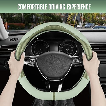 PIC AUTO Steering Wheel Cover, Green Patterned Leather Patchwork Design, Universal Fit 14.5"–15.5" D-Shape Steering Cover, Soft PU Grain Leather, Durable Grip Car Accessory for Girls & Women - color: Fits D-Shape Green