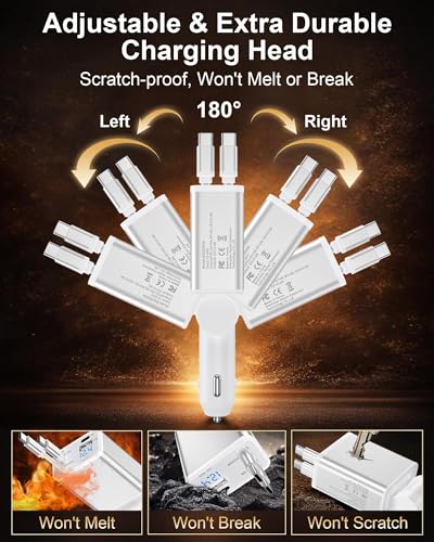 Retractable Car Phone Charger USB C, 4 in 1 Fast Car Charging Adapter with 2 Flexible USB C Cable for iPhone 17e 17 Samsung S26 Android, USBC Cigarette Lighter Gift for Men Android Auto Adapter - color: Reatractable Car Charger-White