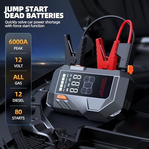 10-in-1 Portable Car Battery Jump Starter with Air Compressor, Jump Starter 6000A 26800mAh 160PSI (All Gas/12L Diesel), 12V Jump Box Car Battery Jumper Starter Portable Jumper Cables, Lights - color: Grey-black