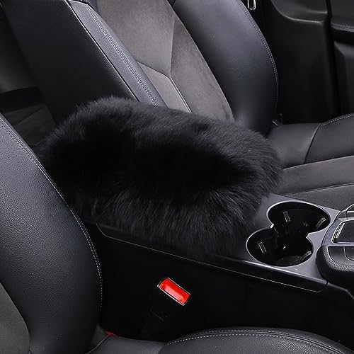 Genuine Sheepskin Center Console Cover Pad Genuine Furry Fluffy Wool Fur Car Armrest Cover Protector Universal Fit for SUV/Truck/Car - color: Long Wool-Black