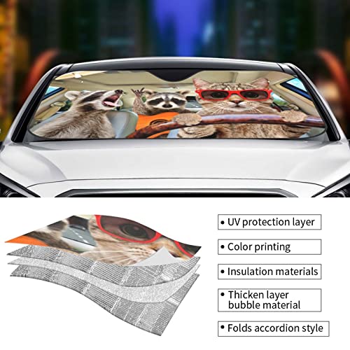 Cat with Raccoon Car Windshield Sunshade Foldable Sun Visor Front Window Sun Shade Cover for Car Truck SUV 55x29.9 Inches - color: Cat