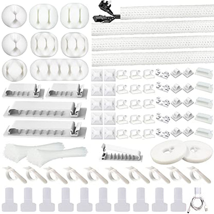 White Cable Management Organizer Kit 4 Cable Sleeve Split,47Cable Clips 12Cord Clips Holder,22 Cable Ties, 20 Adhesive Wall Cable Tie, 200Fasten Cable Ties for TV Electronics - size: 322 PCS