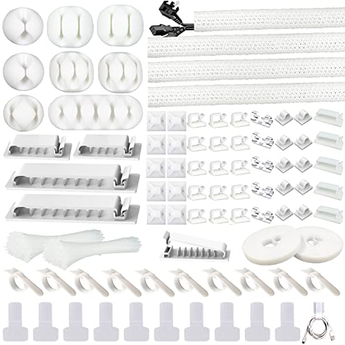 White Cable Management Organizer Kit 4 Cable Sleeve Split,47Cable Clips 12Cord Clips Holder,22 Cable Ties, 20 Adhesive Wall Cable Tie, 200Fasten Cable Ties for TV Electronics - size: 322 PCS