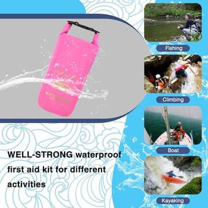 Boat First Aid Kit Waterproof, WELL-STRONG Marine Emergency Kit with Roll Top Dry Bag for Boating Fishing Kayaking – Water-Resistant Contents for Camping & Beach（Transparent Pink） - color: Ws011-transpink