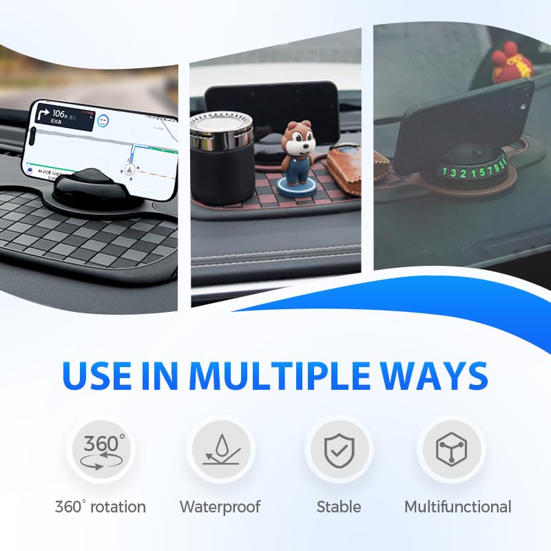 Universal Anti-Slip Car Dashboard Mat, 2026 New 360° Rotatable Phone Holder Dashboard Pad with Temporary Parking Number, Anti Skid Organizer for Phone Sunglasses Keys (Gray Black) - color: Gray Black