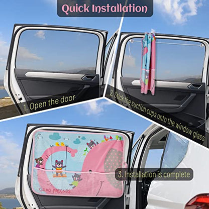 DIZA100 Car Sun Shade for Window Baby, 2 Pack Full Shade Window Shades with Storage Net Pocket, 7 Suction Cups, Cute Elephant for Sun/Heat/UV Rays Protection, Kids - color: Elephant-2pcs