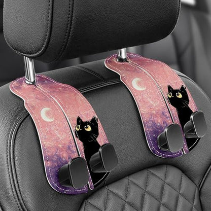 WOCOCN 2 Pack Car Purse Hook for Car Seat Headrest, Double-Sided PrintingPU Leather Purse Holder with Metal Hook, Cute Car Accessories for Women, Men (Car hook - Pink Starry Sky Cat) - color: Car hook - Pink Starry Sky Cat