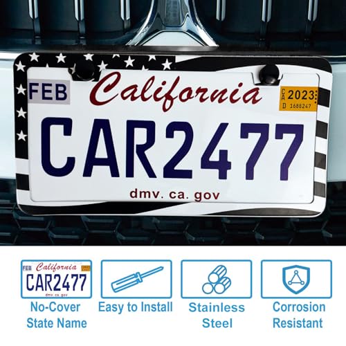 2PCS Premium American Flag License Plate Frame, Black License Plate Frames, 2 Holes Solid Stainless Steel License Plate Holder, Universal Car License Plate Frame for USA Flag, by Lengnoyp - color: black USA flag