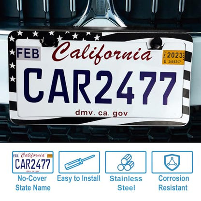 2PCS Premium American Flag License Plate Frame, Black License Plate Frames, 2 Holes Solid Stainless Steel License Plate Holder, Universal Car License Plate Frame for USA Flag, by Lengnoyp - color: black USA flag