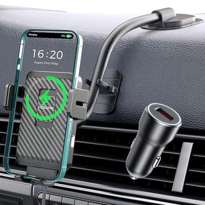 MOKPR Wireless Car Charger, Adjustable Gooseneck Car Mount Auto-Clamping Car Charger, Dashboard [with Anti Shake stabilizer] Phone Holder fit for iPhone 17 16 15 14 13 12, Samsung,with QC 3.0 - style: Dash with QC 3.0