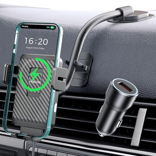 MOKPR Wireless Car Charger, Adjustable Gooseneck Car Mount Auto-Clamping Car Charger, Dashboard [with Anti Shake stabilizer] Phone Holder fit for iPhone 17 16 15 14 13 12, Samsung,with QC 3.0 - style: Dash with QC 3.0