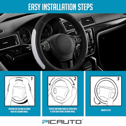 PIC AUTO Steering Wheel Cover, Glitter Gel Particles & Black Luxury Leather Car Steering Cover, Universal Fit 14.5"-15.5" Anti-Slip Car Wheels Cover for Girls & Women - color: Black