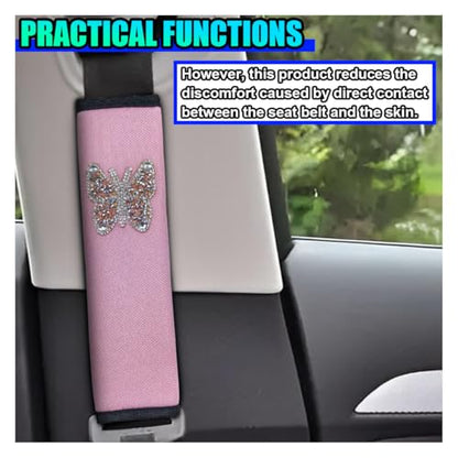 2PCS Bling Car Seat Belt Covers, Polyester Fiber Vehicle Seatbelt Cushion Pad Protector, Crystal Butterfly Safe Strap Cover Pad, Comfort Car Seat Belt Shoulder Pads Accessories, Universal Fit(Pink) - color: Pink